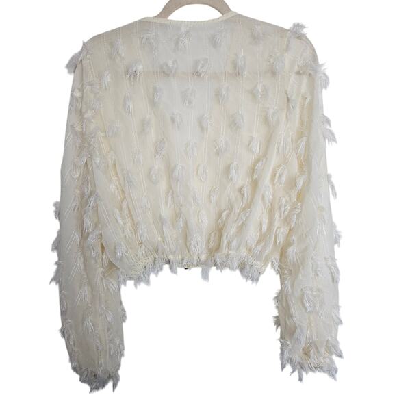 Boho Fringe Overlay Chiffon Crop Blouse Hippie Festival Sheer Button Sz M Cream - Picture 11 of 11